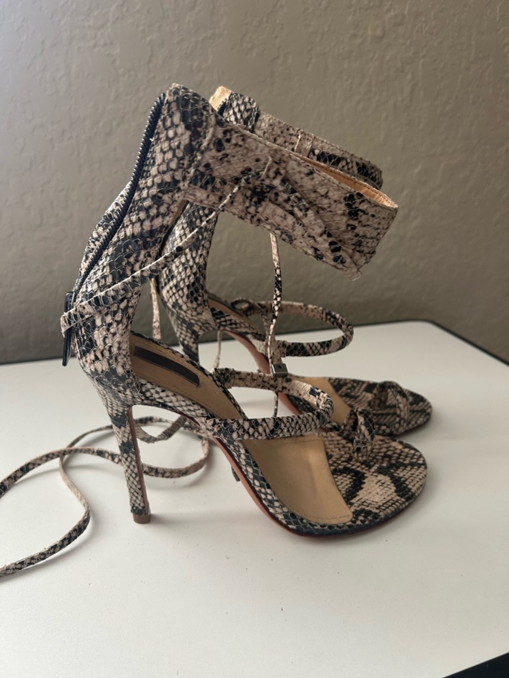 SCHUTZ Snake-Print Lace-Up Stiletto Sandals - Neutral Beige/Black